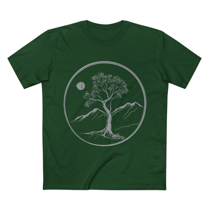 GhostGum Tree on a mountain image printed on a forest green Tshirt