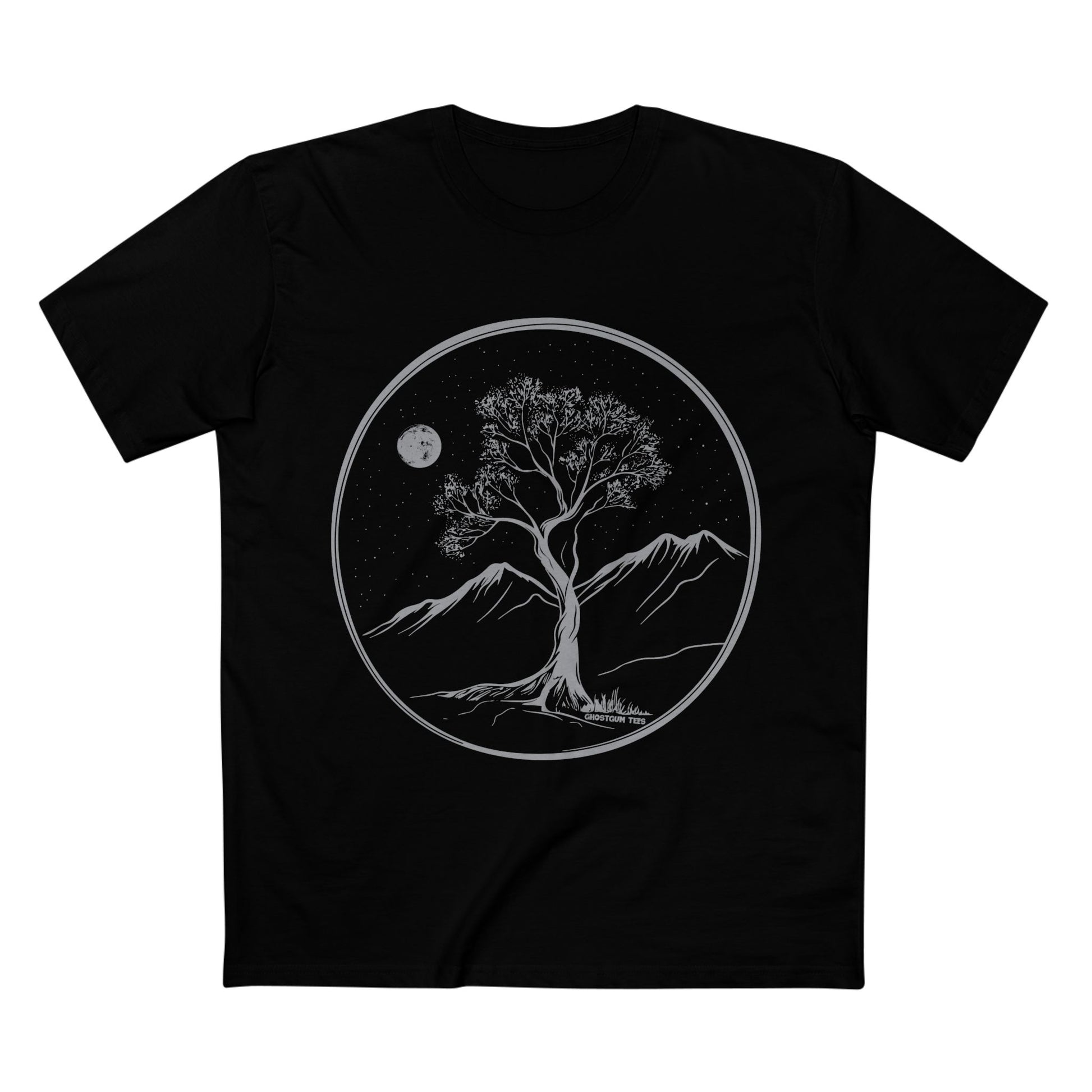 GhostGum Tree on a mountain image printed on a black Tshirt