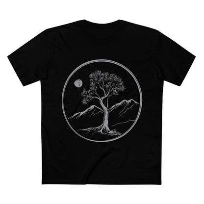 GhostGum Tree on a mountain image printed on a black Tshirt