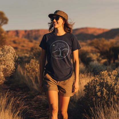 Ghostgum mountain t-shirt in navy worn my female hiker in the outback