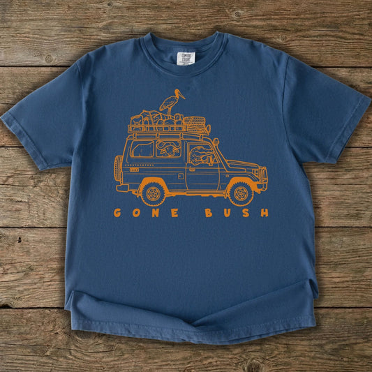 Gone Bush Tee Midnight Blue on wooden background