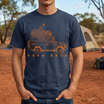 Man wearing a Gone Bush Tee GhostGumTees , the shirt is navy 
