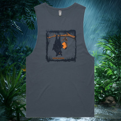 Gray tank top with a graphic bat and mango design on a background of rainforest foliage