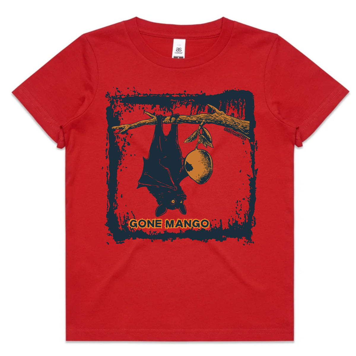 A red short-sleeve t-shirt with a graphic print of a hanging bat and mango on a branch, framed by a distressed black border with the text 'GONE MANGO' below. The shirt is displayed flat against a white background.