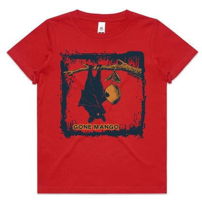 A red short-sleeve t-shirt with a graphic print of a hanging bat and mango on a branch, framed by a distressed black border with the text 'GONE MANGO' below. The shirt is displayed flat against a white background.