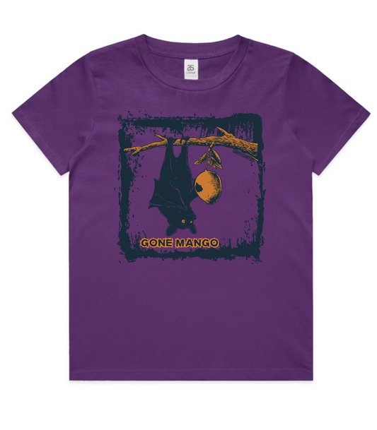 A purple short-sleeve crewneck t-shirt featuring a graphic print of a hanging bat and mango on a branch, with the text 'GONE MANGO' printed below the graphic.