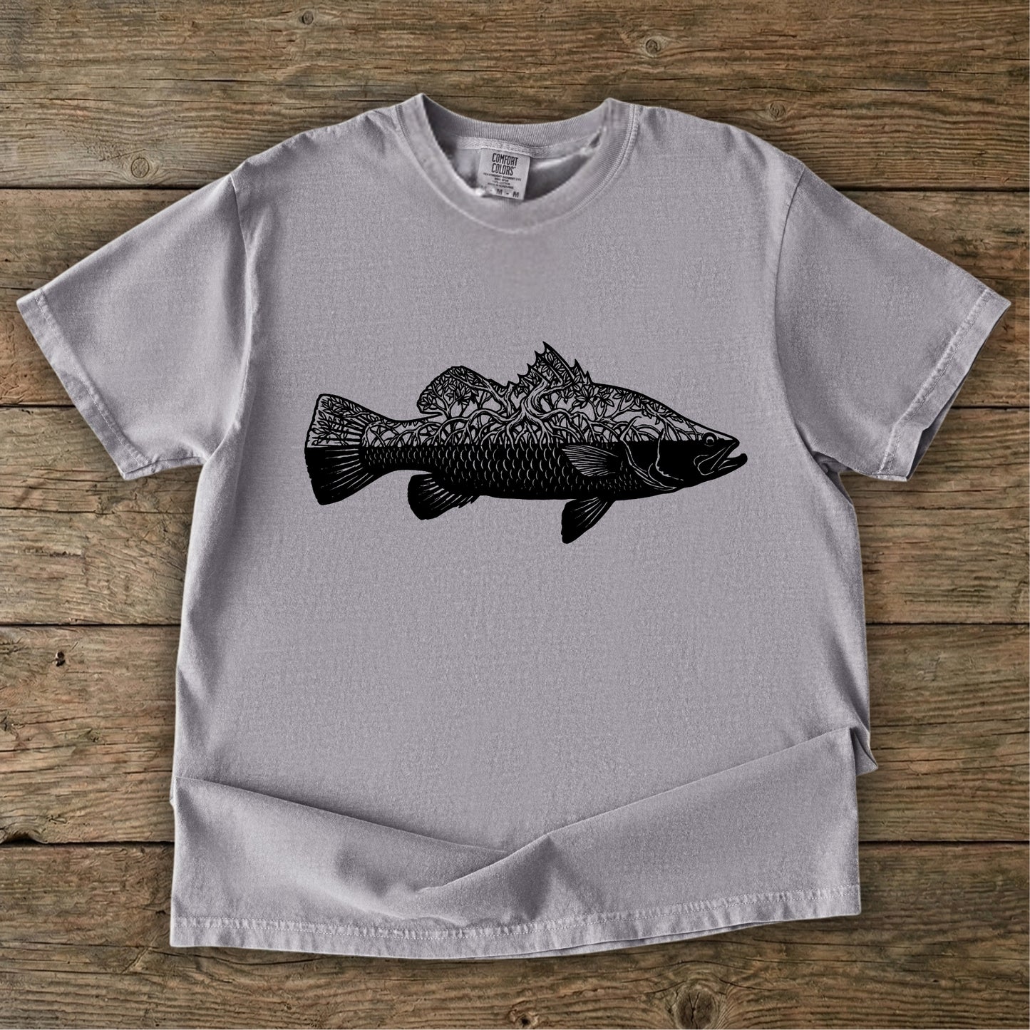 grey t-shirt with black barra mangrove design 