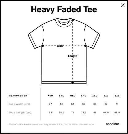 Heavy Faded Tee size chart with dimensions and measurements for different sizes.