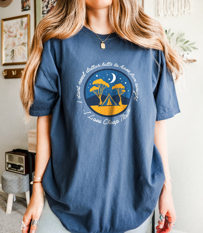 I love cheap thrills camping tee worn by female model on comfort colors 1717 tee