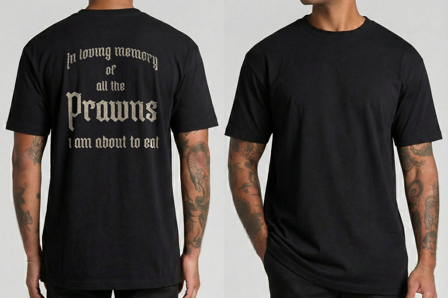 Black t-shirt with text on front and back worn by a person, on a plain background