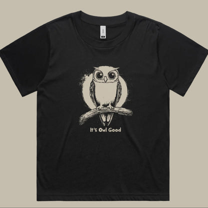 Black women's fit T-shirt featuring the "It's Owl Good" design with a cute owl graphic.