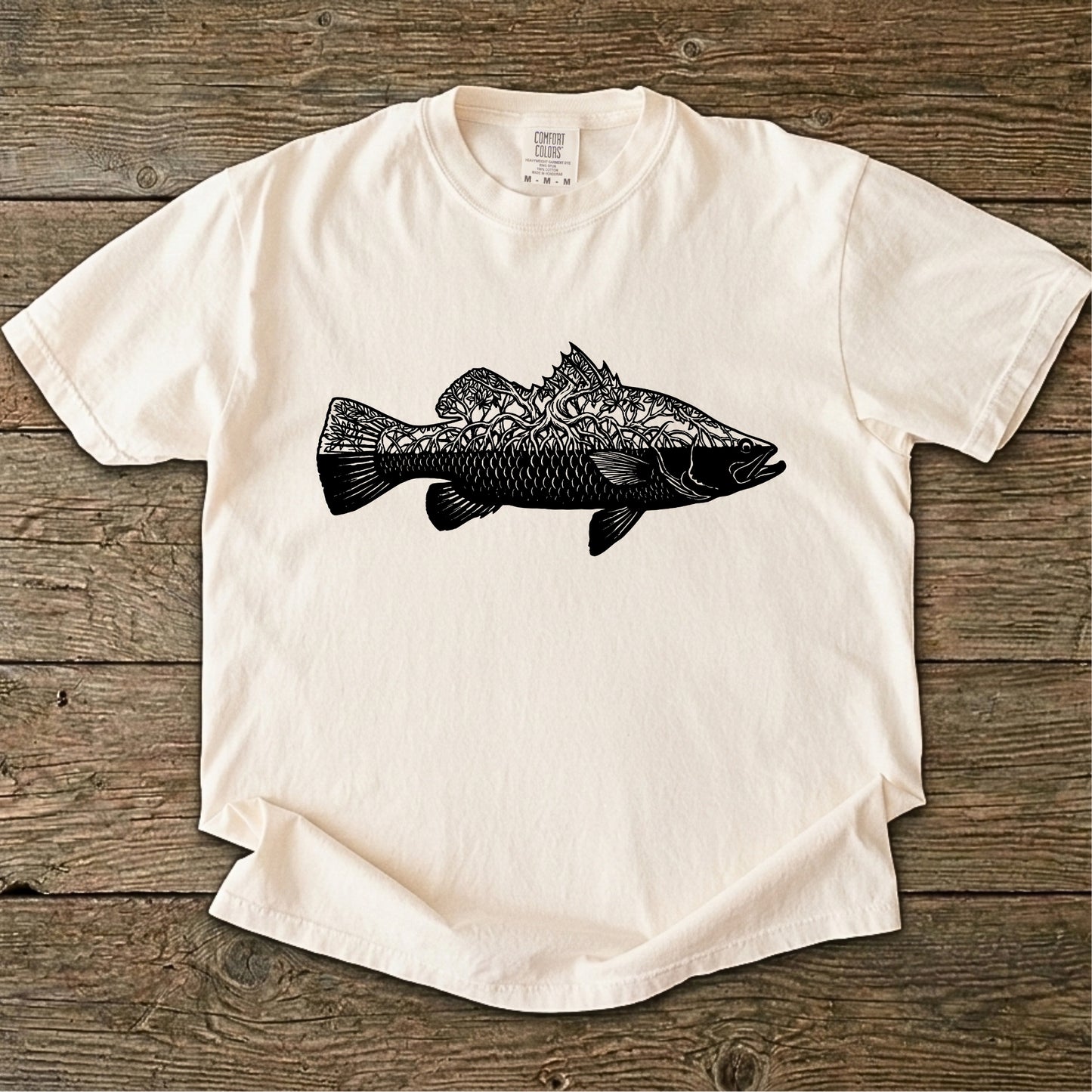 Ivory t-shirt with black barra mangrove design 