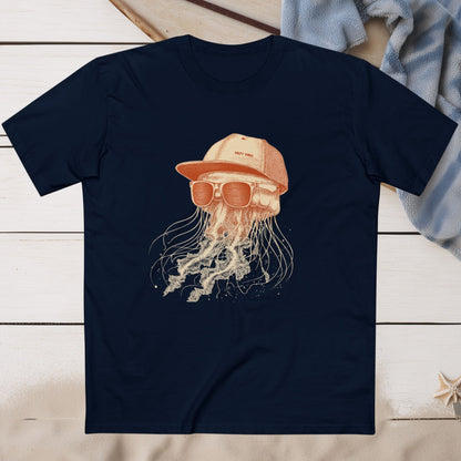 Navy blue t-shirt with a screen print of jellyfish wearing a hat and sunglasses .Funky Tshirt