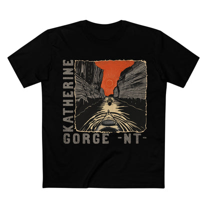 Black t-shirt with a graphic design of a Katherine Gorge and 'Katherine Gorge NT' text