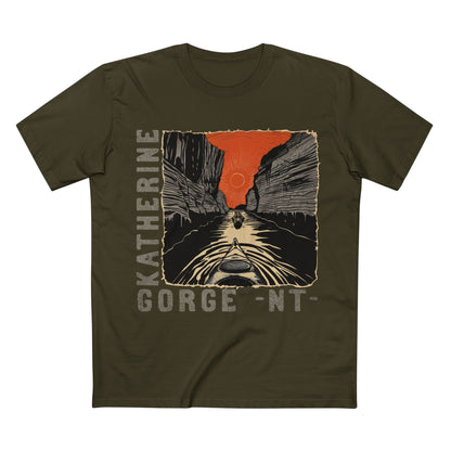 Army Green t-shirt with a graphic design of a canyon and 'Katherine Gorge NT' text 