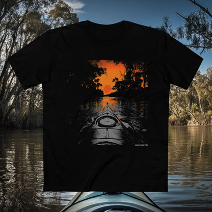 Black T-shirt of a Epic kayak down an Aussie river at sunset. Brilliant contrast.