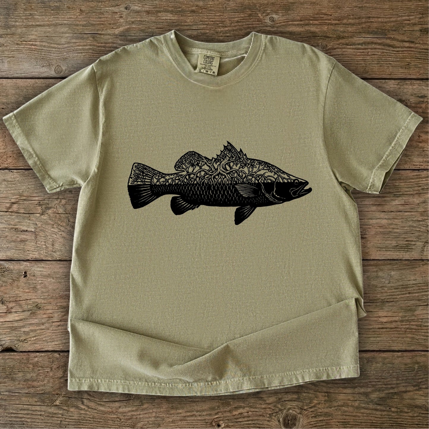 Khaki t-shirt with black barra mangrove design 
