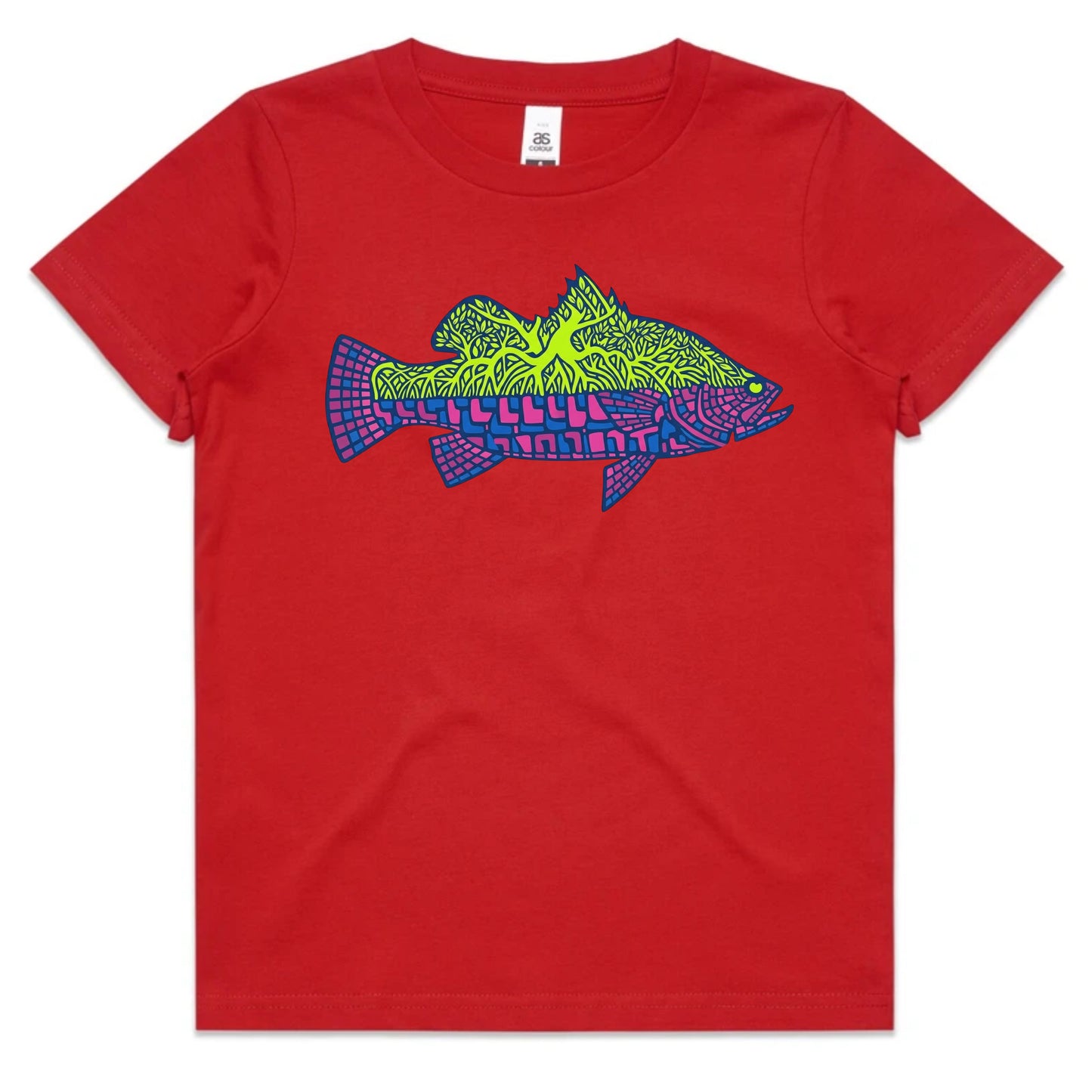 A red short-sleeve crewneck t-shirt featuring a colorful graphic of a fish filled with green and blue geometric patterns and text, displayed on a clean white background.