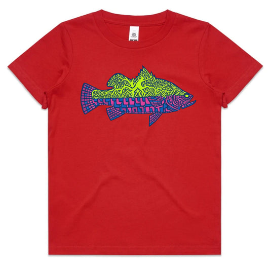 A red short-sleeve crewneck t-shirt featuring a colorful graphic of a fish filled with green and blue geometric patterns and text, displayed on a clean white background.