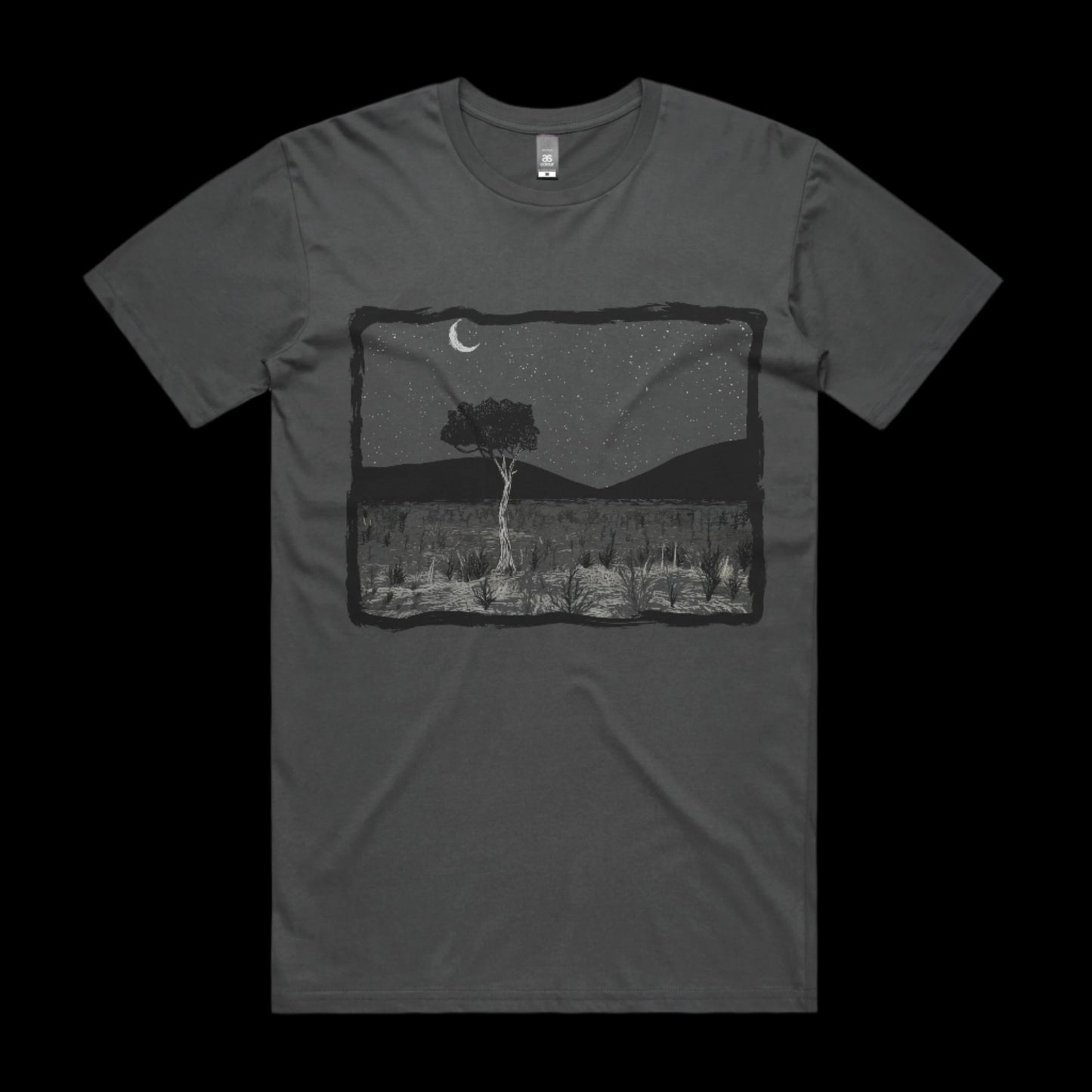 Tshirt with Bold Graphic of Larapinta Gum Tree against a background of the West MacDonnell ranges