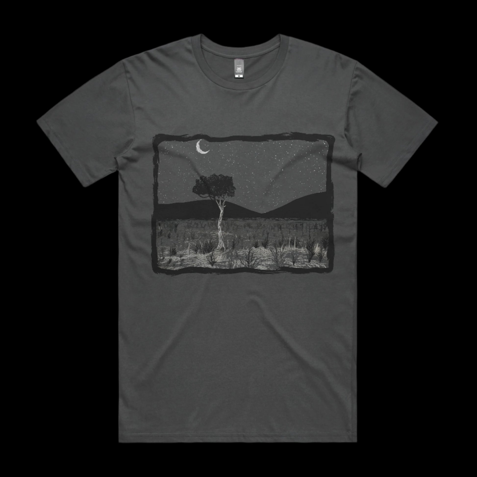 Tshirt with Bold Graphic of Larapinta Gum Tree against a background of the West MacDonnell ranges