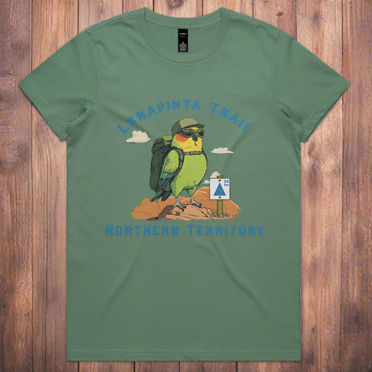 Larapinta Trail Budgie Print Tshirt - Sage T-shirt With Bold Graphic Print