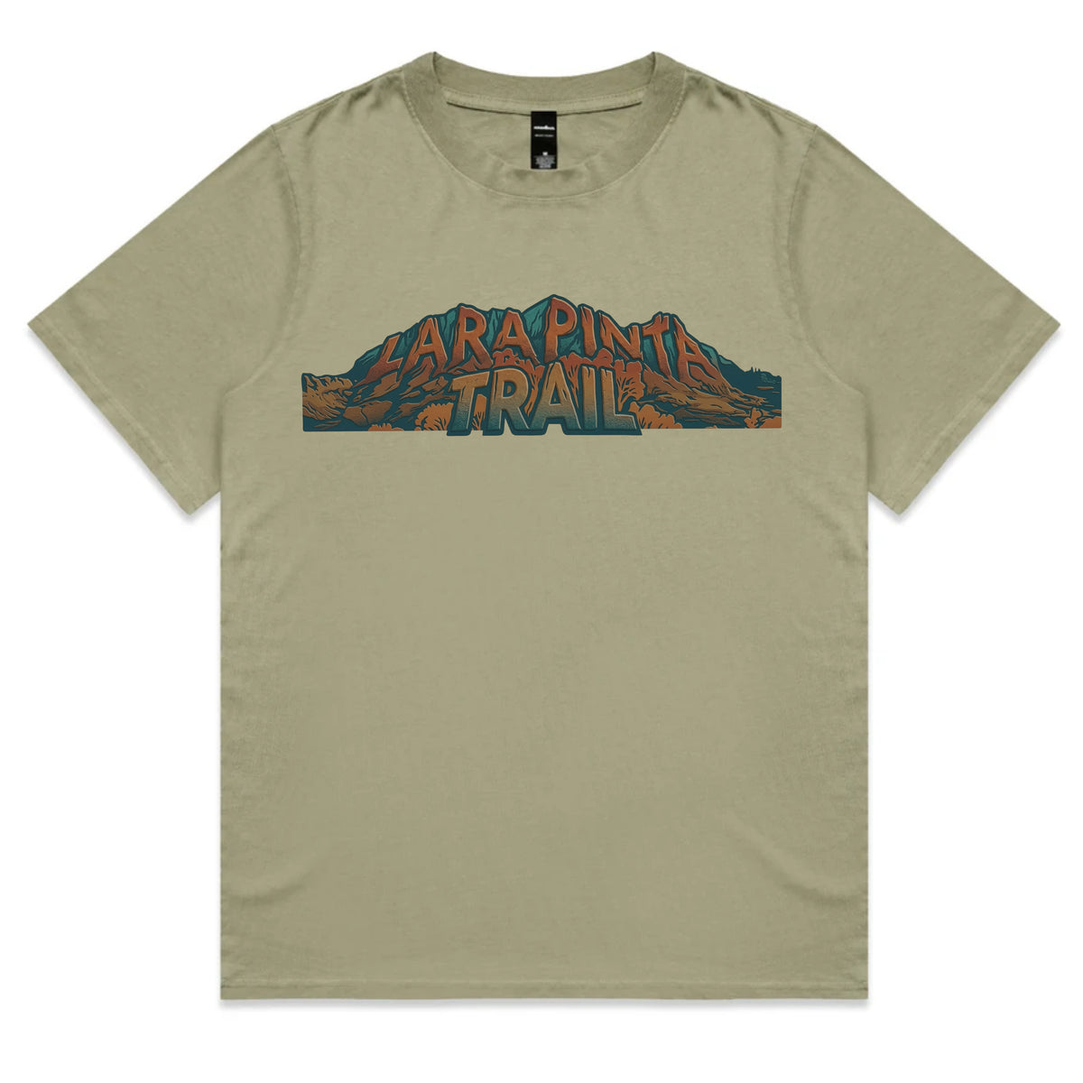 An olive green short-sleeve t-shirt with a graphic print on the chest reading 'LARAPINTA TRAIL' in stylized orange and blue lettering over a mountain illustration, displayed flat against a white background.