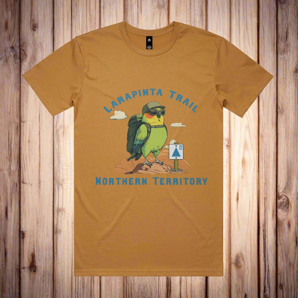 Larapinta Trail T-shirt - Camel Colour with a bold graphic of a budgey on the front standing on a mountain