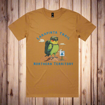 Larapinta Trail T-shirt - Camel Colour with a bold graphic of a budgey on the front standing on a mountain