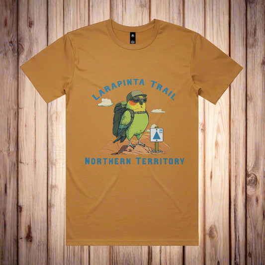 Larapinta Trail T-shirt - Camel Colour with a bold graphic of a budgey on the front standing on a mountain