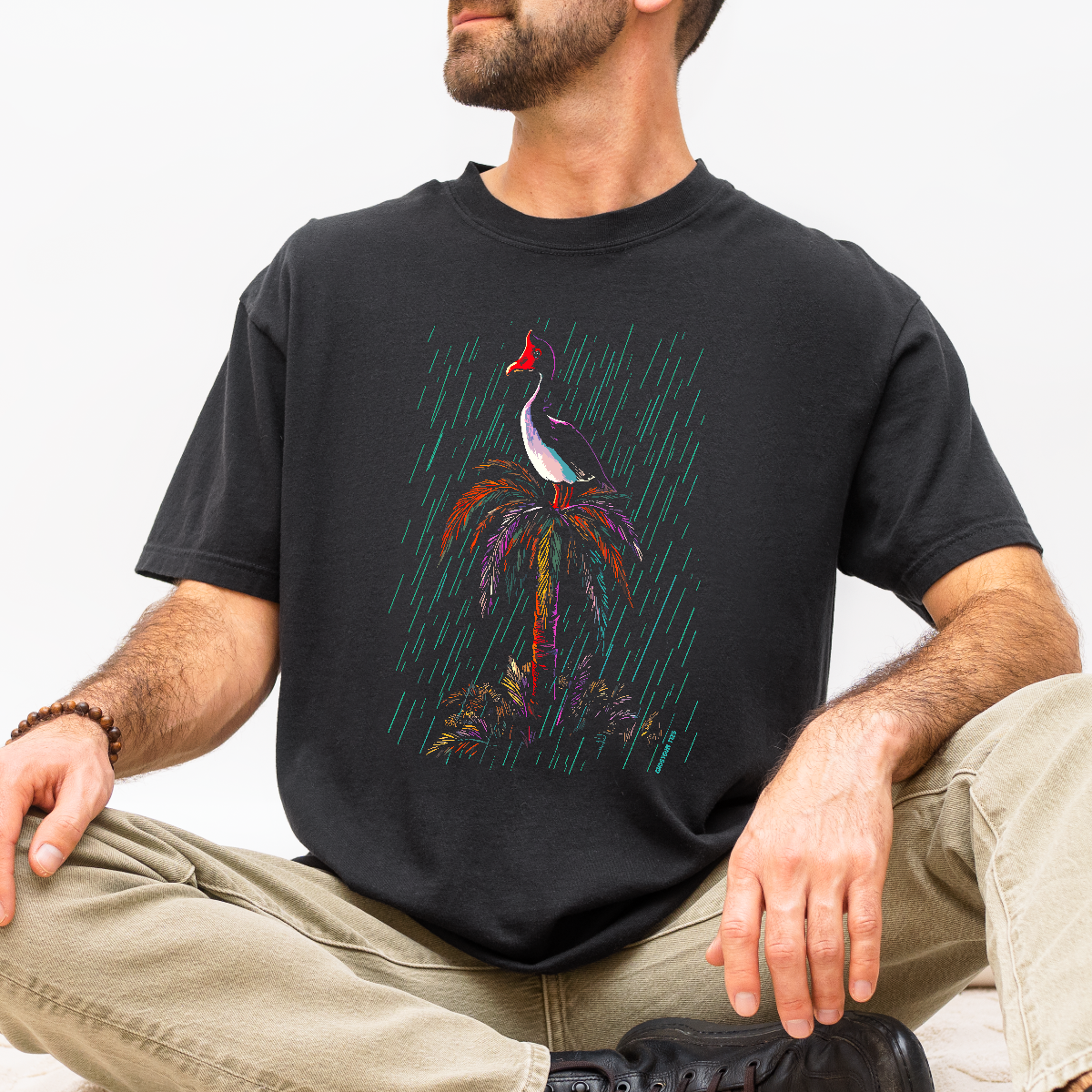 A man wearing a black crewneck t-shirt with a colorful graphic of a magpie goose bird perched on a palm tree in the rain, paired with khaki pants and black shoes, against a plain white background.
