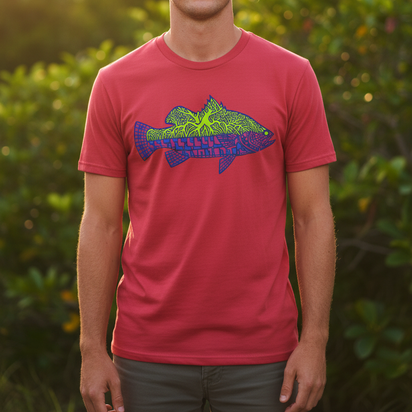 A man wearing a red crewneck t-shirt with a colorful fish graphic on the chest, standing outdoors in front of a blurred green foliage background.