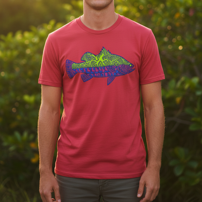 A man wearing a red crewneck t-shirt with a colorful fish graphic on the chest, standing outdoors in front of a blurred green foliage background.