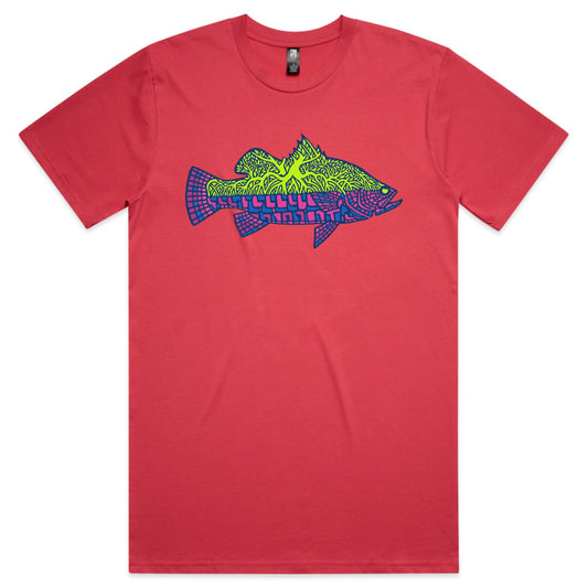A red short-sleeve crewneck t-shirt featuring a stylized Barramindi fish graphic on the chest, composed of green, yellow, and blue patterned segments, set against a plain white background.