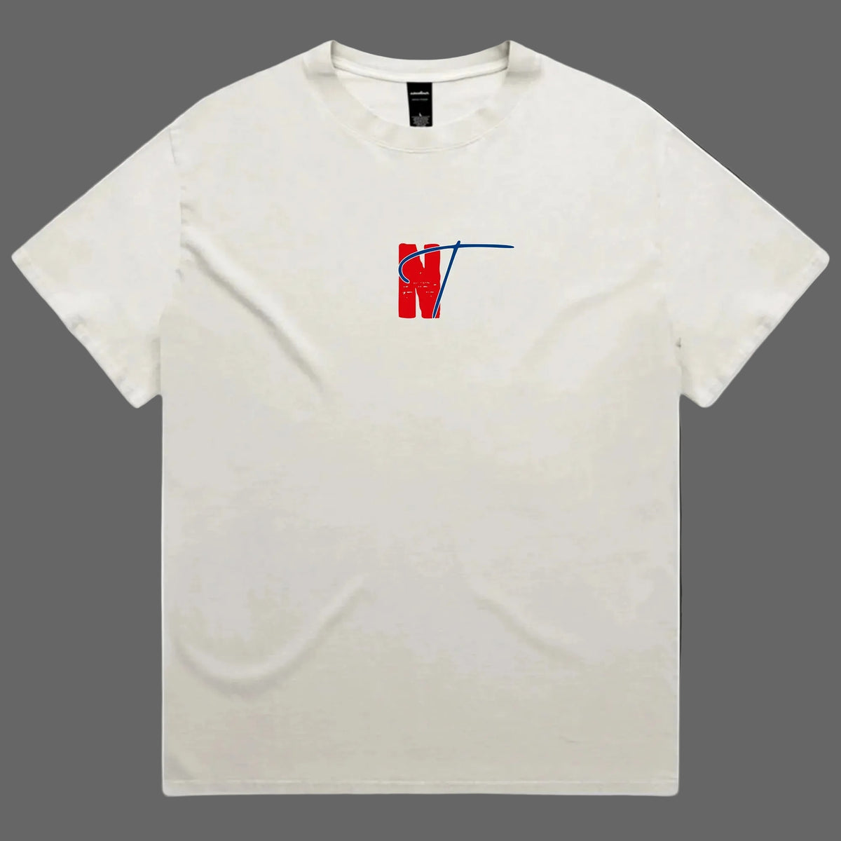 An off-white short-sleeve crewneck t-shirt featuring a small red and blue graphic logo on the center chest, displayed flat against a solid white background.