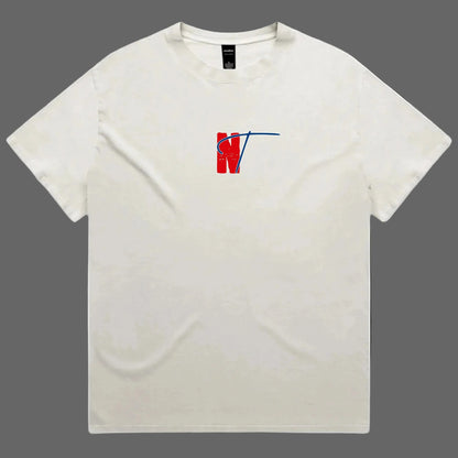 An off-white short-sleeve crewneck t-shirt featuring a small red and blue graphic logo on the center chest, displayed flat against a solid white background.