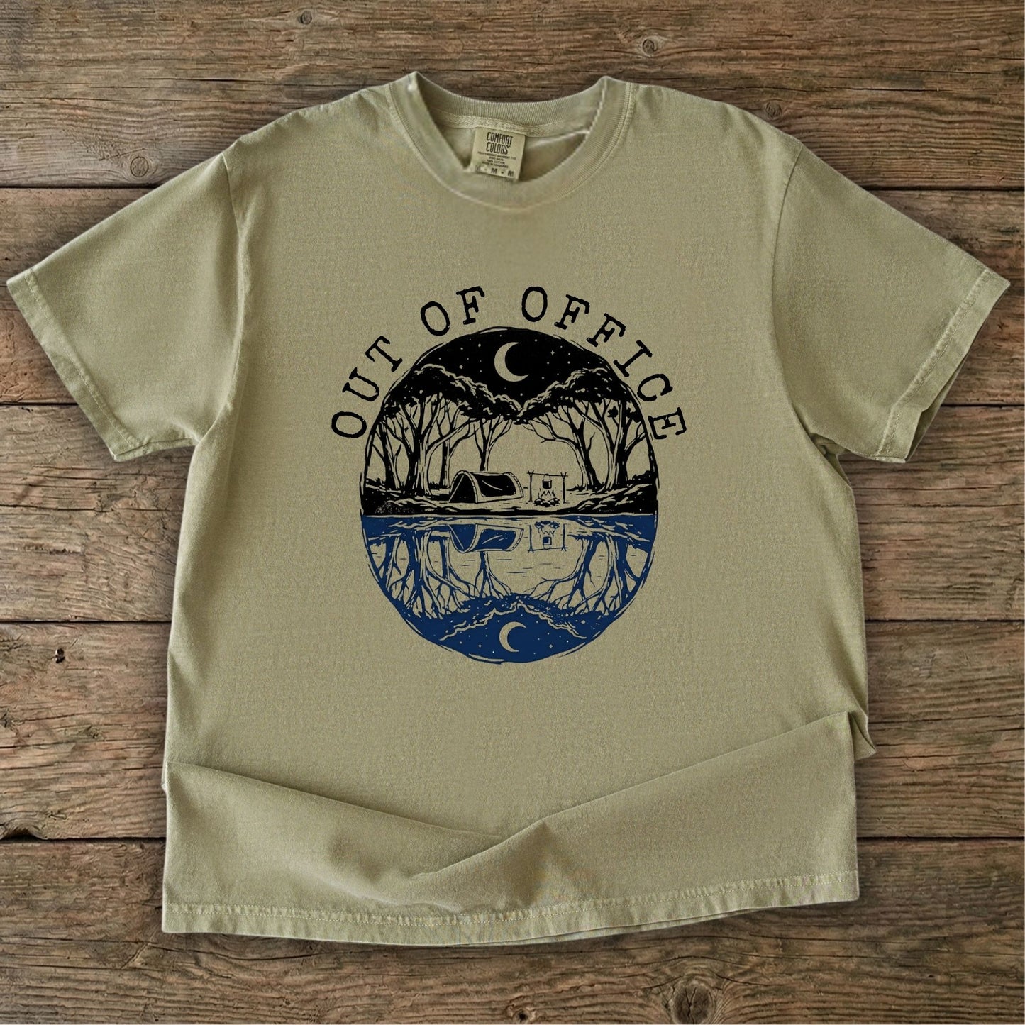 Out of Office Camping TShirt -  Khaki Tshirt with an Australian camping graphic
