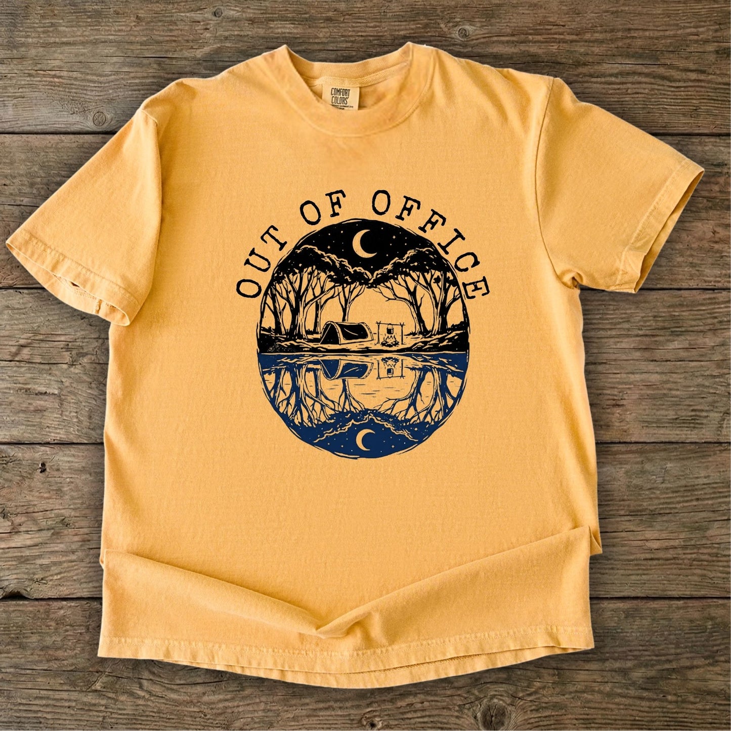 Out of Office Camping TShirt -  Mustard Tshirt with an Australian camping graphic