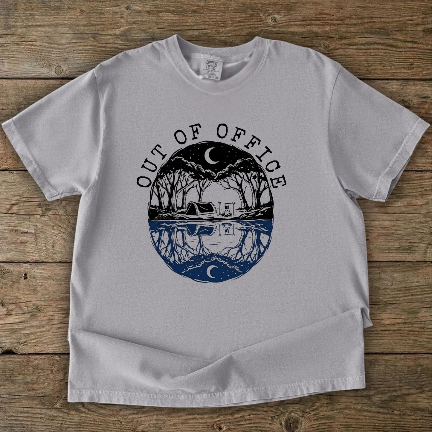 Out of Office Camping TShirt -  Grey Tshirt with an Australian camping graphic