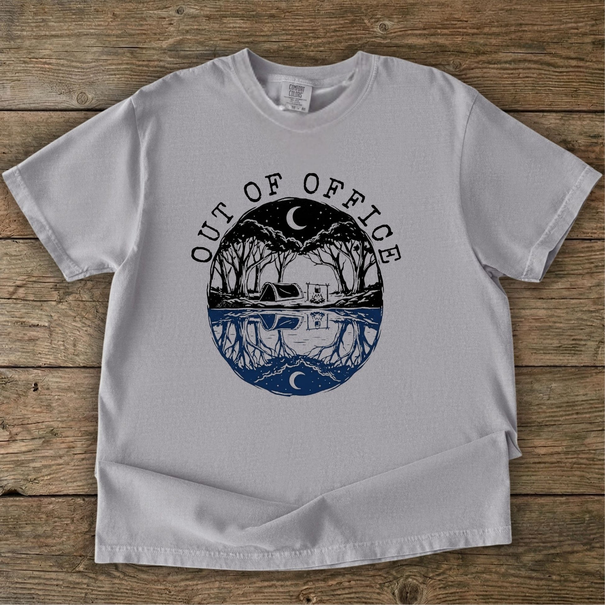 Out of Office Camping TShirt -  Grey Tshirt with an Australian camping graphic