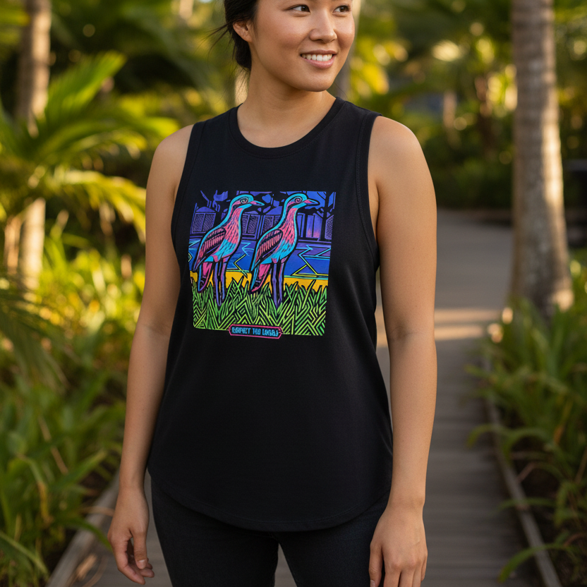 A woman wearing a black sleeveless tank top with a colorful graphic of flamingos on a beach, standing on a wooden boardwalk surrounded by palm trees.