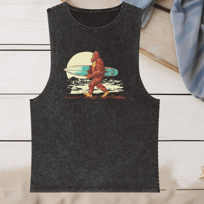 Salty Big Foot Going Surfing -Tank top mockup on a white wooden beach background