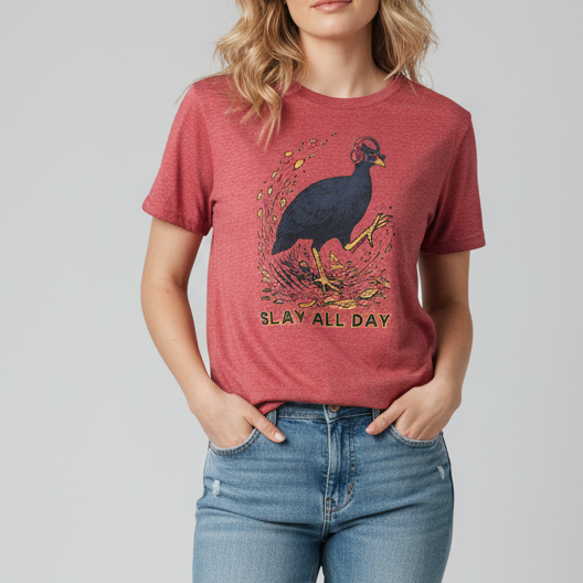 A woman modeling a dusty rose graphic t-shirt with a turkey design and the text 'SLAY ALL DAY', paired with light-wash distressed jeans and white sneakers, against a neutral gray studio background.