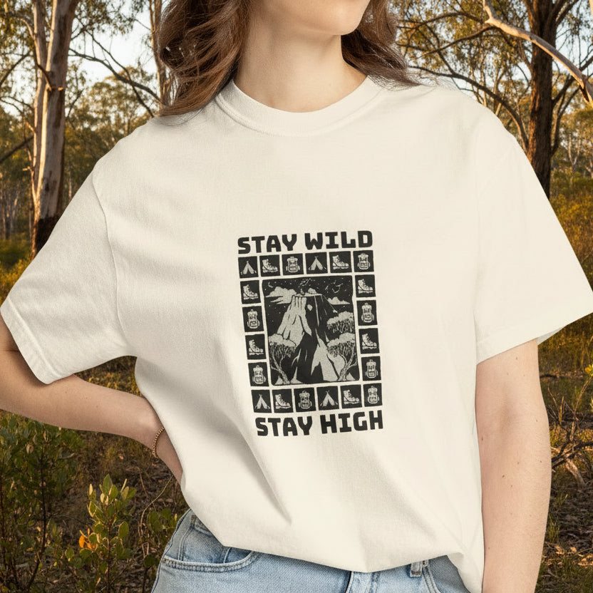 Stay Wild Stay High Tee - female model in australian outdoor