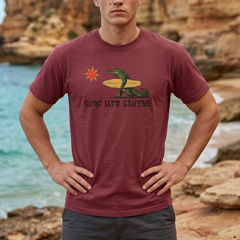 Man wearing a ghostgum tee t-shirt with a croc graphic design standing on a rocky beach.