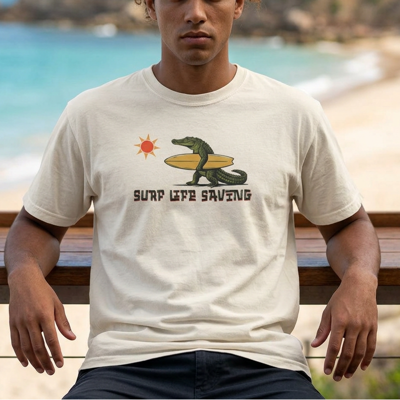 Person wearing a t-shirt with a graphic design of a croc holding a surfboard and text 'Surf Life Saving' on a beach.