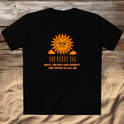 Funny sun and humidity T-shirt – retro graphic of a menacing yellow sun with heat haze lines on a black AS Colour Staple tee