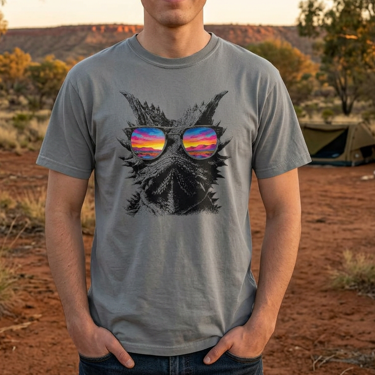 Guy wearing Thorny Devil Sunset Tee in outback