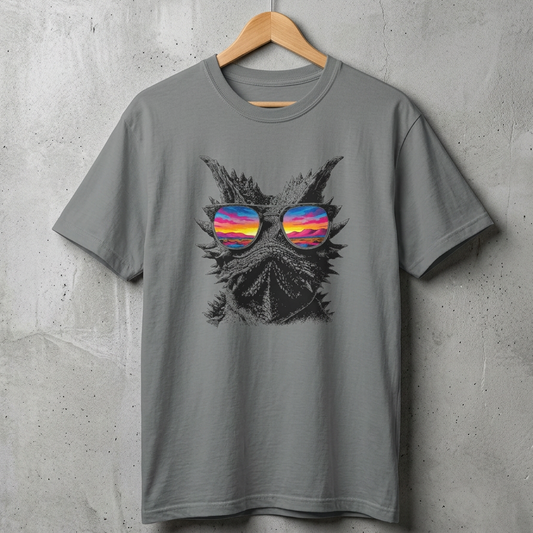 Grey Thorny devil sunset  tee hangin on a hanger