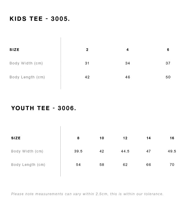 Size chart for Barra Mangrove Tee - Kids & Youth